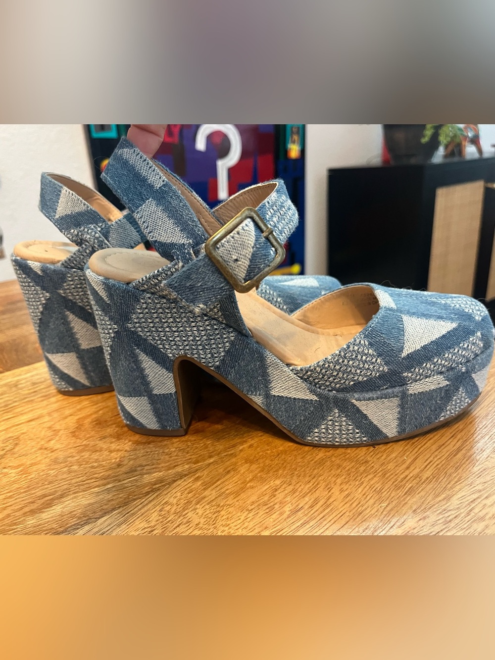 Denim Geometric Platform Mary Janes in Blue